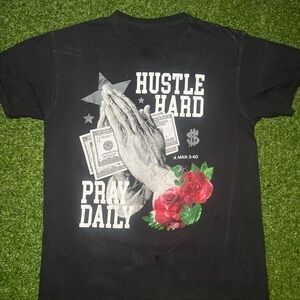 Hustle Hard Black T-Shirt with Red Rose Design